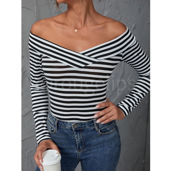 Black & White Striped Off Shoulder Long Sleeve Tee Shirt Top Slim Fit - Picture 11 of 13